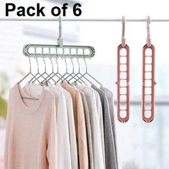 Hanger-Plastic Multi Functional Adjutable & Folding Clothes Hanger Holder Portable Anti-Slip Storage Rack Space Saving Hook for Garment Drying (Multicolor, Pack Of 6)